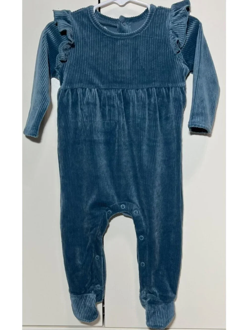 NAVY Blue Velour ribbed sleeper romper Headband bow SET 6-9m NWOT footie ruffle